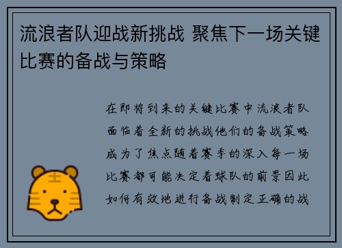 流浪者队迎战新挑战 聚焦下一场关键比赛的备战与策略